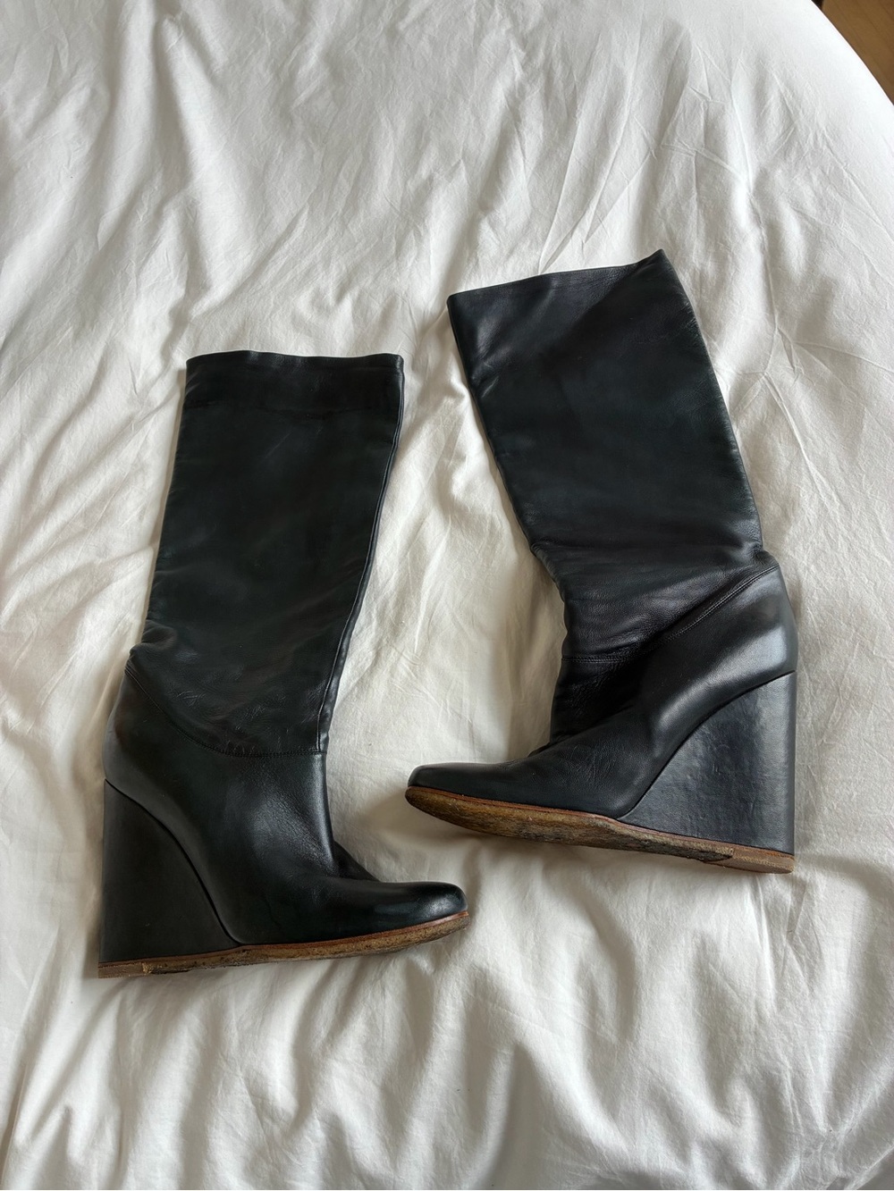 Lanvin vintage leather pewter color knee/high, wedge heel boots—worn only twice!